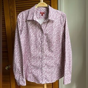 Talbots Women's Pink and White Floral Design Cotton Button Up Shirt